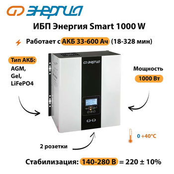 ИБП Энергия Smart 1000W - ИБП и АКБ - Энергия ИБП Smart - . Магазин оборудования для автономного и резервного электропитания Ekosolar.ru в Черкесске