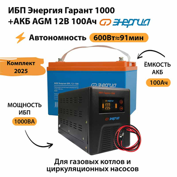 ИБП для котла Энергия Гарант 1000 + Аккумулятор 100 Ач 12 В (600Вт - 91мин) - ИБП и АКБ - ИБП для котлов - . Магазин оборудования для автономного и резервного электропитания Ekosolar.ru в Черкесске