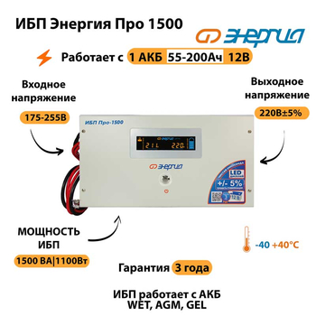 Энергия ИБП Про 1500 12В - ИБП и АКБ - ИБП для котлов - . Магазин оборудования для автономного и резервного электропитания Ekosolar.ru в Черкесске