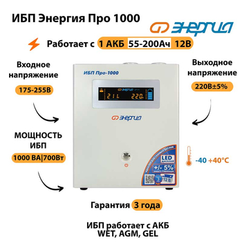 Энергия ИБП Про 1000 12В - ИБП и АКБ - ИБП для котлов - . Магазин оборудования для автономного и резервного электропитания Ekosolar.ru в Черкесске