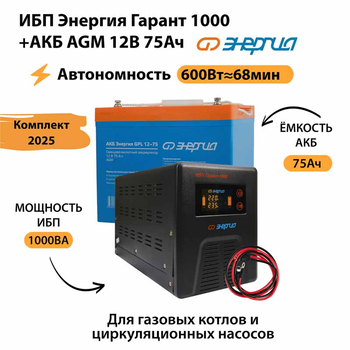 ИБП для котла Энергия Гарант 1000 + Аккумулятор 75 Ач 12 В (600Вт - 68мин) - ИБП и АКБ - ИБП для котлов - . Магазин оборудования для автономного и резервного электропитания Ekosolar.ru в Черкесске