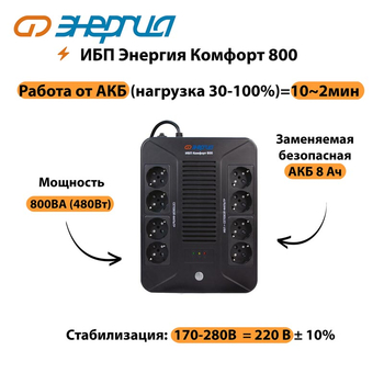 ИБП Комфорт 800 Энергия - ИБП и АКБ - ИБП для компьютера - . Магазин оборудования для автономного и резервного электропитания Ekosolar.ru в Черкесске
