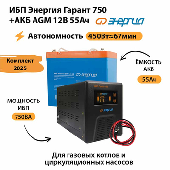 ИБП для котла Энергия Гарант 750 + Аккумулятор 55 Ач 12 В (450Вт - 67мин) - ИБП и АКБ - ИБП для котлов - . Магазин оборудования для автономного и резервного электропитания Ekosolar.ru в Черкесске