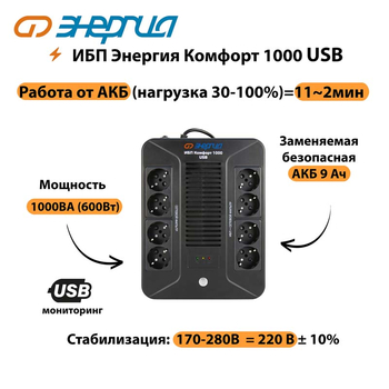ИБП Комфорт 1000 USB Энергия - ИБП и АКБ - ИБП для компьютера - . Магазин оборудования для автономного и резервного электропитания Ekosolar.ru в Черкесске