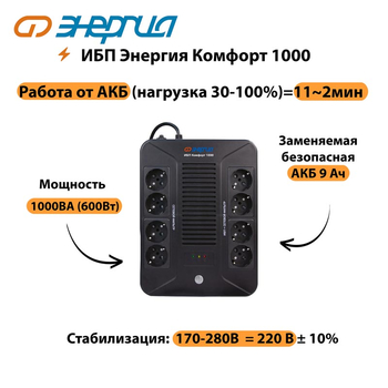 ИБП Комфорт 1000 Энергия - ИБП и АКБ - ИБП для компьютера - . Магазин оборудования для автономного и резервного электропитания Ekosolar.ru в Черкесске